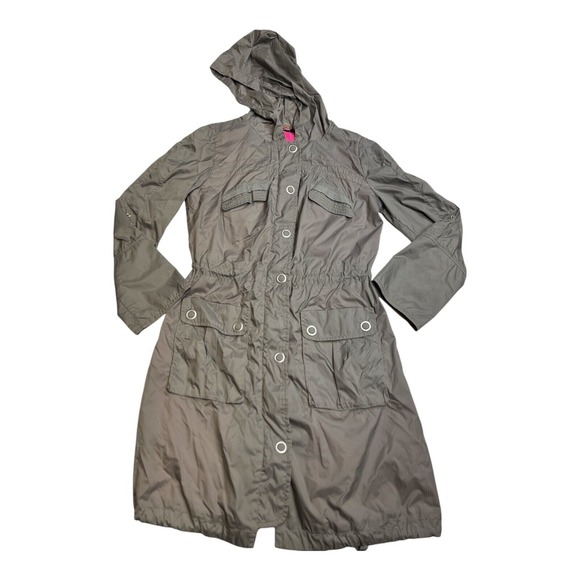 DKNY Active Petites Gray Hooded Lightweight Trench Coat Jacket Button Up Women's - Picture 1 of 9